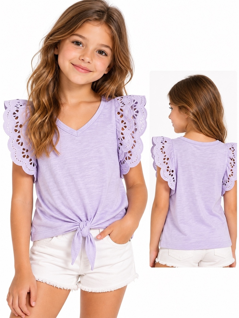 Tahari Girls Lavender Eyelet Ruffle Sleeve Tie Front Top Size 7